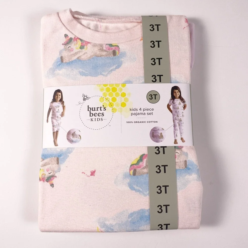 Burts Bees Kids 3T 4-Piece Pajama Set 100% Organic Cotton Pink Tea Party Unicorn